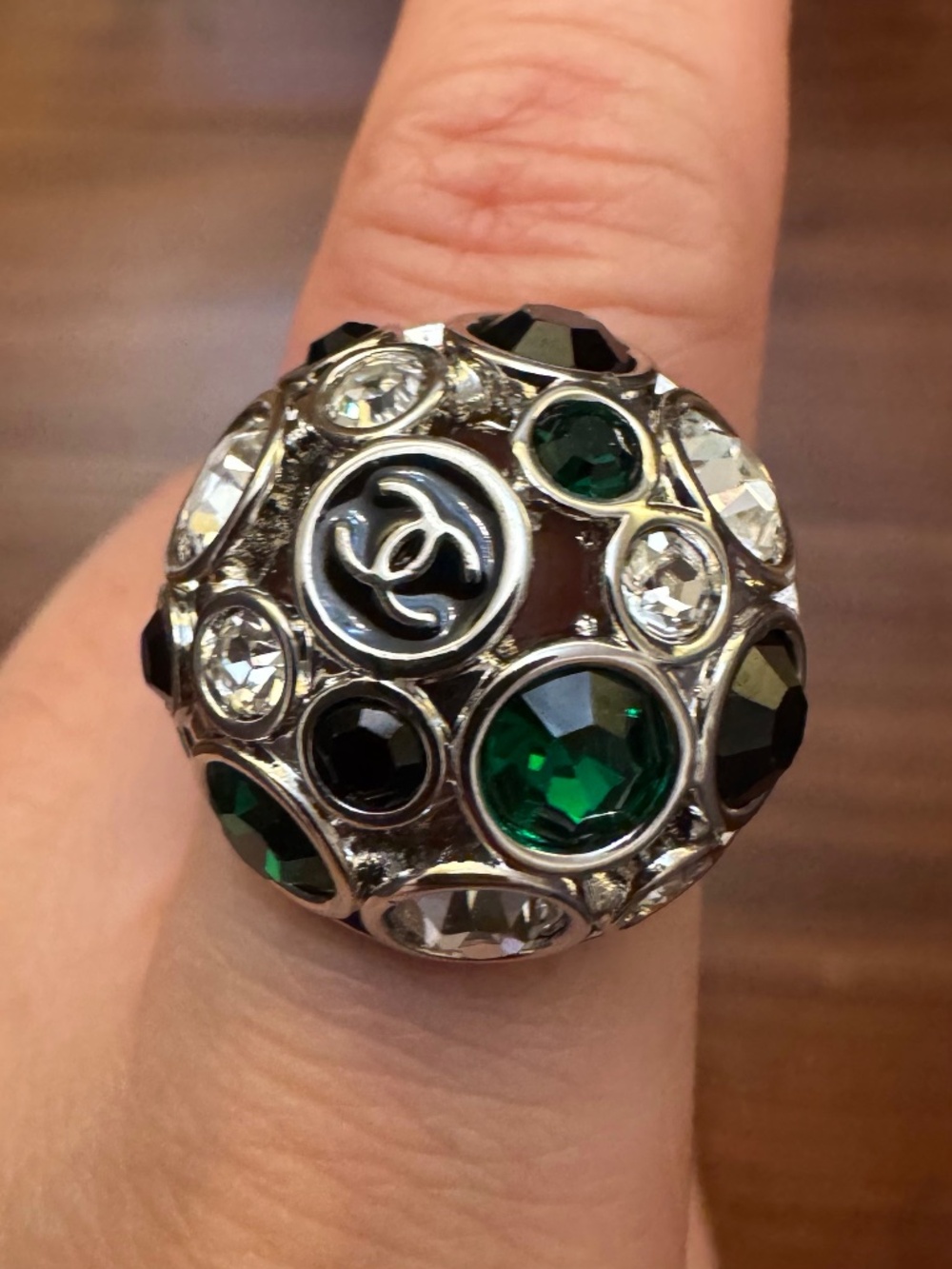 Brand New Classic Chanel CC Logo Multi Color Crystal & Stone Ring Size 7